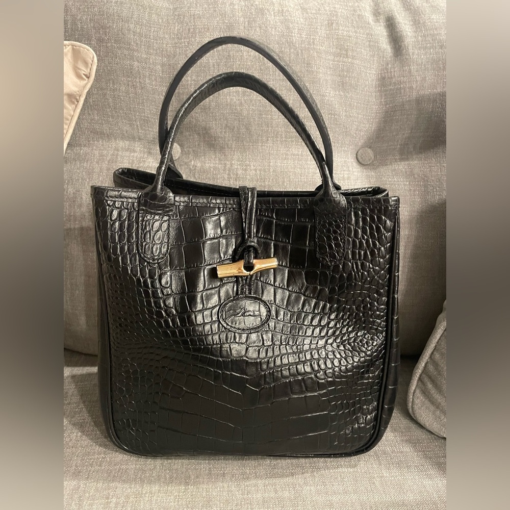Longchamp Black Crocodile-Embossed Leather Handbag